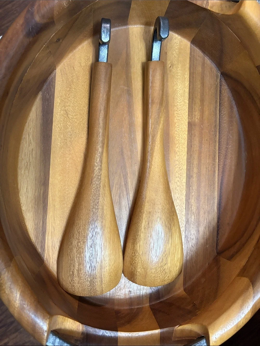 Nambe Acacia Wood Serving Bowl with Servers in Honey Brown and Metal Accents
